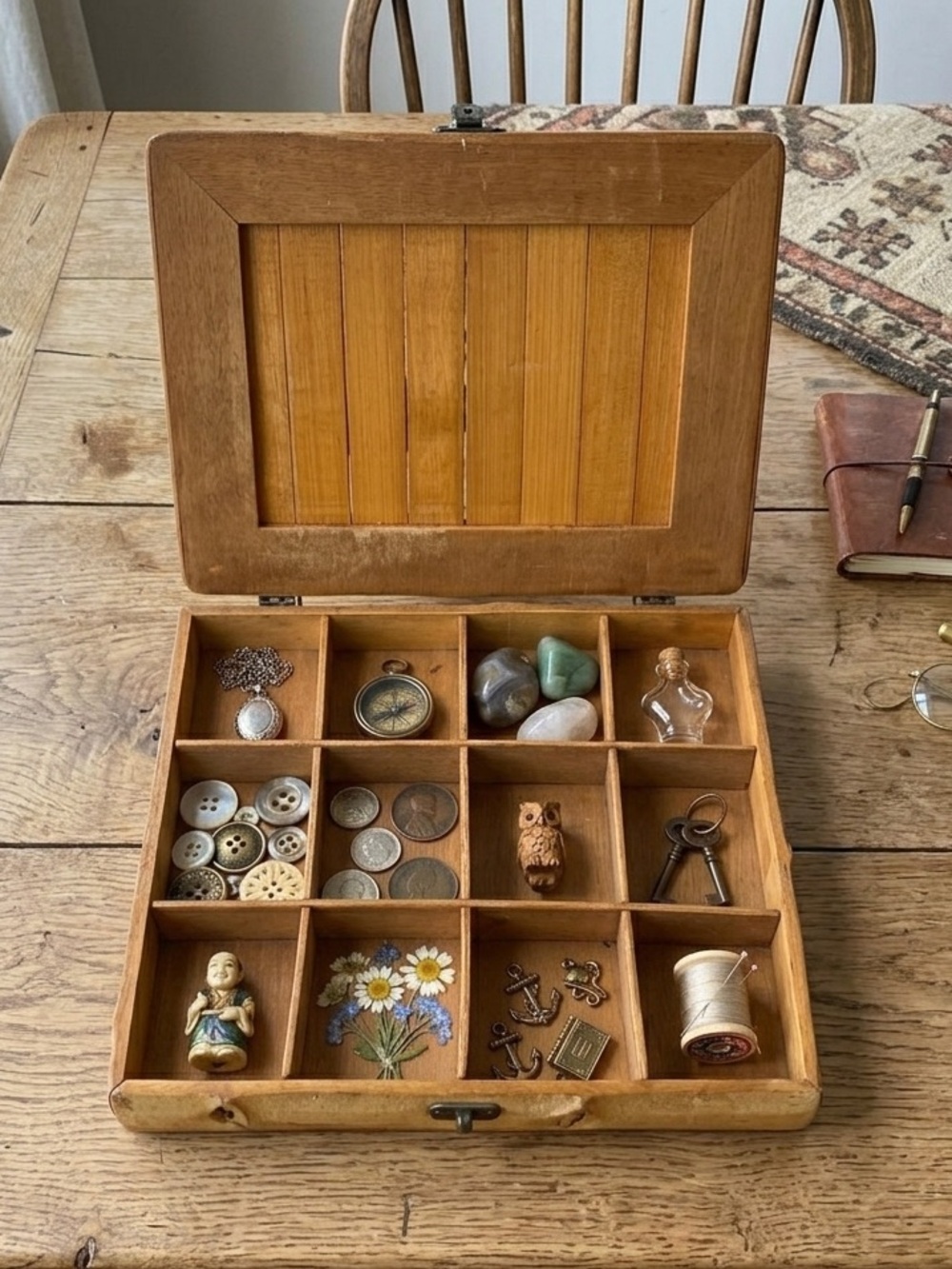 Vintage Bamboo Divided Tea Box Mid Century Storage Box Trinkets Lures Jewelry